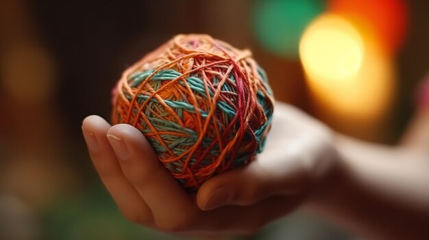 Close up hand holding red knitting yarn Generative Ai