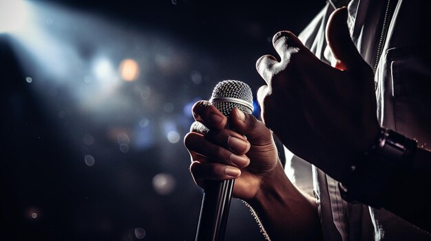 Close up of hand holding a speech microphone