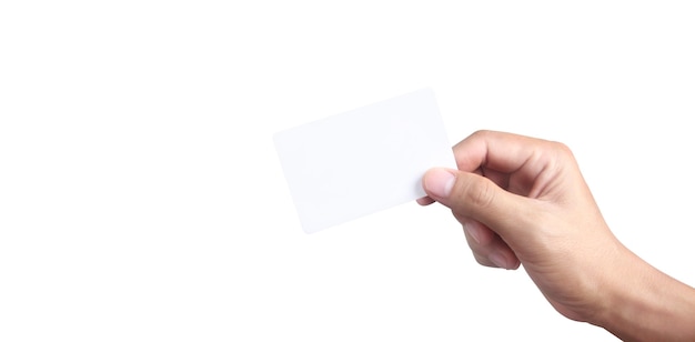 Close up of hand holding virtual card with. Credit card in hand isolated