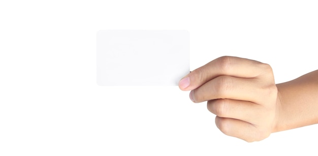 Close up of hand holding virtual card with. Credit card in hand isolated