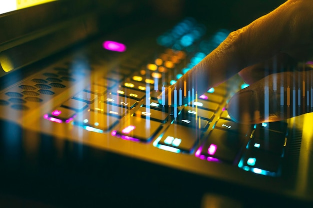 Close-up of hand on illuminated stage