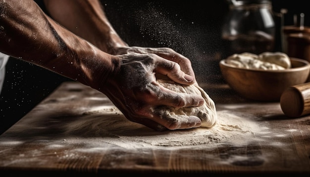 Крупный план ручного замешивания свежего домашнего хлеба, созданного ИИ