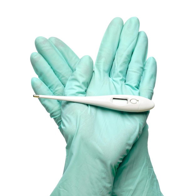 Photo close up hand in a latex glove with thermometer isolated on a white background.