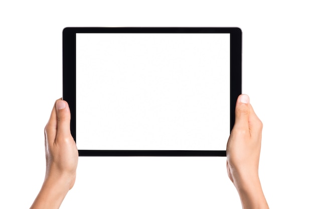 Close up hand of man holding tablet isolated on white