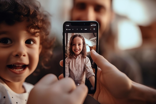 Close-up hand met smartphone met familievideogesprek op het scherm