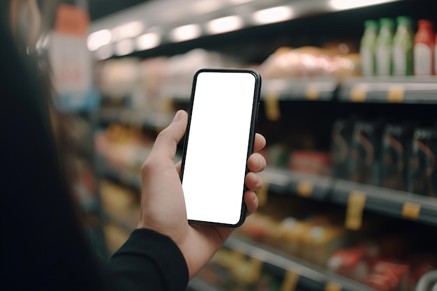 Close-up hand met smartphone met leeg scherm mockup in winkelcentrum generatieve ai