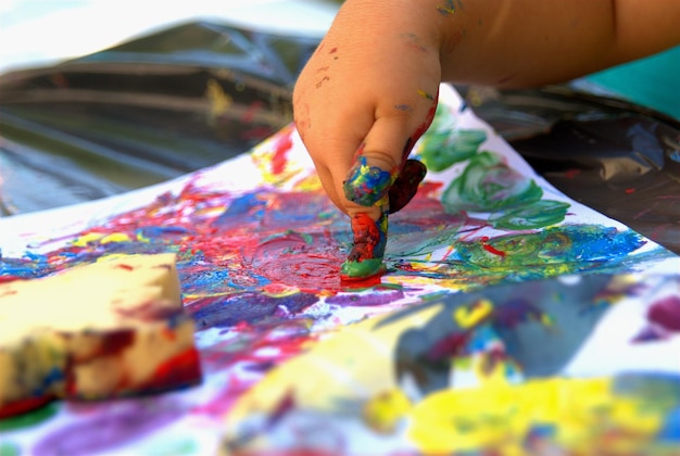 Photo close-up of hand in multicolored paint