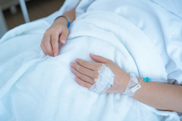 close up hand of patient with medical drip or IV drip in hospital ward, healthcare medical 