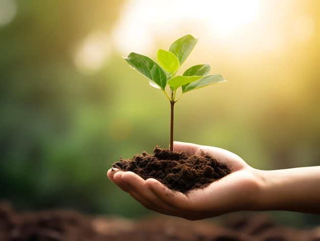 Close Up hand of person holding soil with young plant in hand for agriculture or ecology concept