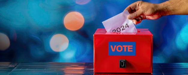 Close up of hand putting paper with text 2024 VOTE into red ballot box indian flag on blue background