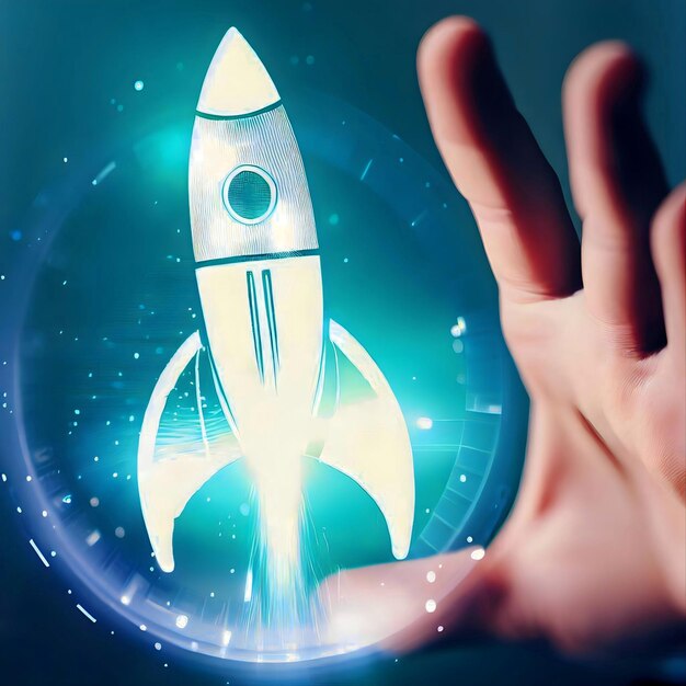 Close up of hand and rocket launch hologram Business startup concept