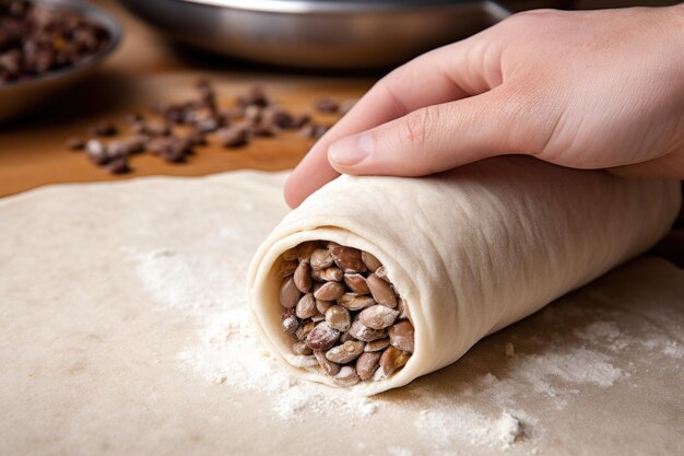Photo close up of a hand rolling a flour tortilla around a bean filling