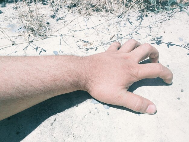 Photo close-up of hand on sand at beach