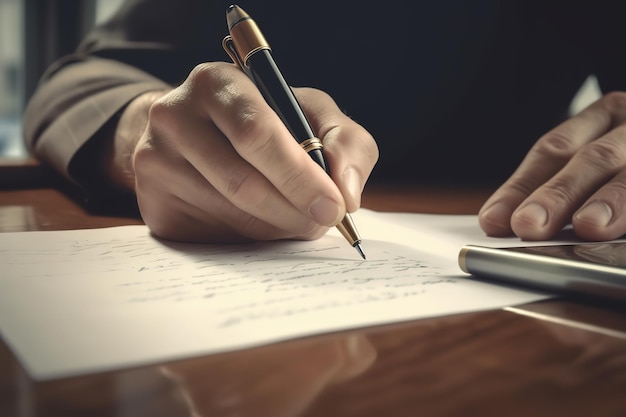 close up a hand signing the document at the table on office room