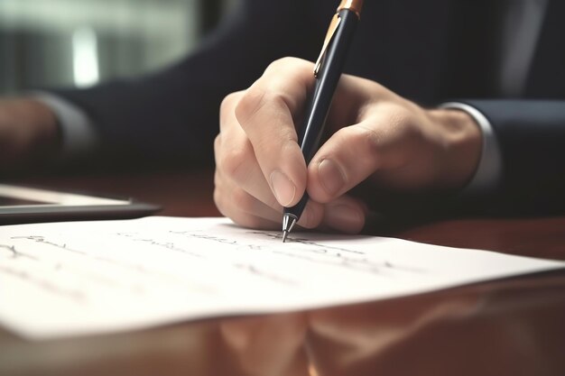 close up a hand signing the document at the table on office room