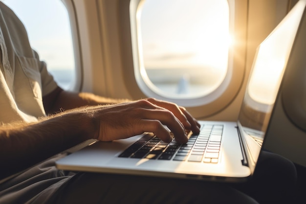 Close-up hand van een zakenman die een laptop gebruikt terwijl hij in een vliegtuig bij het raam vliegt