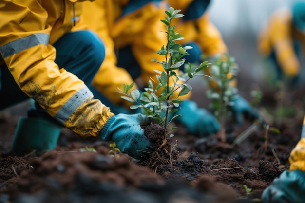 농촌 풍경에 새로운 나무를 심는 자원봉사자들 (Volunteers Planting New Trees in Rural Landscape) 은 산림 재생 캠페인 중에 농촌 지역에 어린 나무를 적극적으로 심는 자발적인 장면이다.