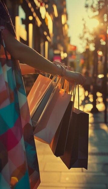 Close up of hand which holded shopping bags by young woman Girl is standing and hold lot of colorful shopping bags in her hand and waiting for her friends Holiday shopping concept