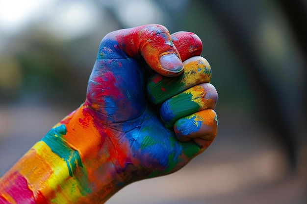 Close up of hand with colorful paint on it showing fist outdoors