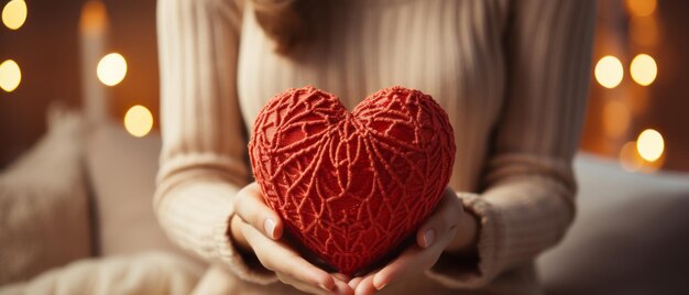 close up hand of woman holding red heart shape in living room in light cream