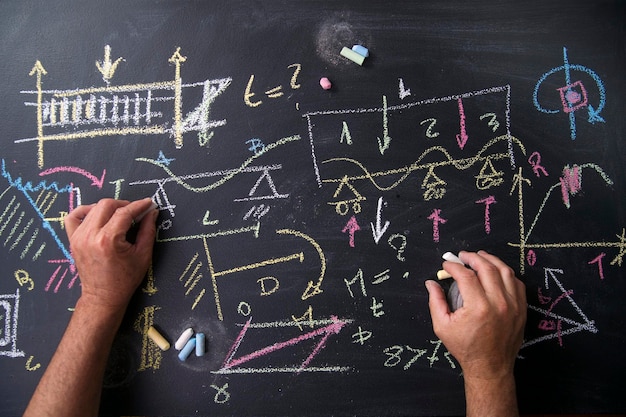 close-up of hand writing with chalk on blackboard