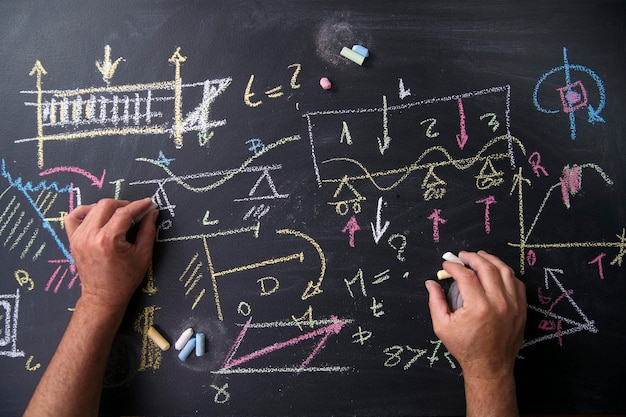 Photo close-up of hand writing with chalk on blackboard