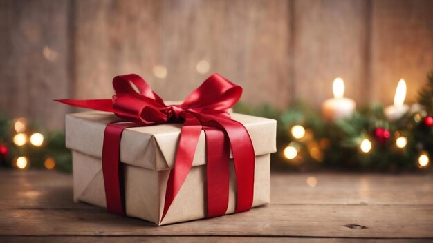 Close up of handcraft gift box with red ribbon on wooden table for christmas or new year decoration