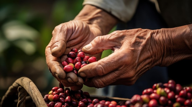 Close-up handen boer oogsten arabica koffieboon rode kersen