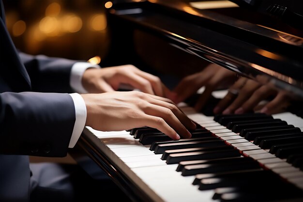 Close-up handen van een pianist die piano speelt