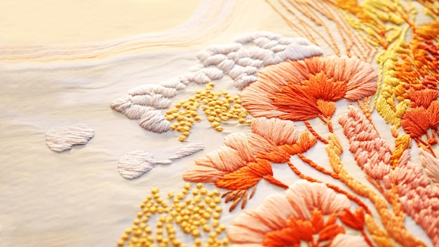 Фото Вблизи ручная цветочная вышивка на шелке большие цветы вышиты на белой ткани