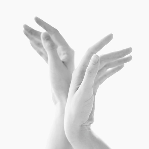 Close-up of hands against white background