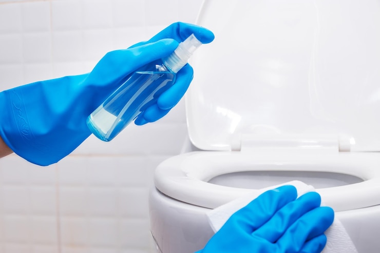 Photo close-up of hands on blue bathroom