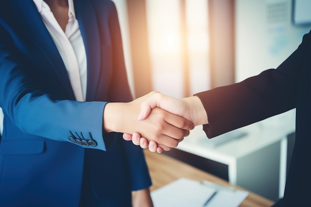 Close up of hands Business real estate concept Estate agent shaking hands with his customer after contract signature for loan or sell house