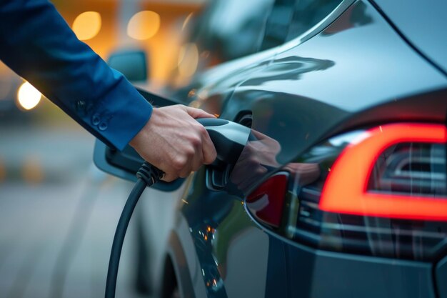 Сближение рук бизнесмена с помощью зарядного устройства для электрических автомобилей зарядка электрических автомобилей