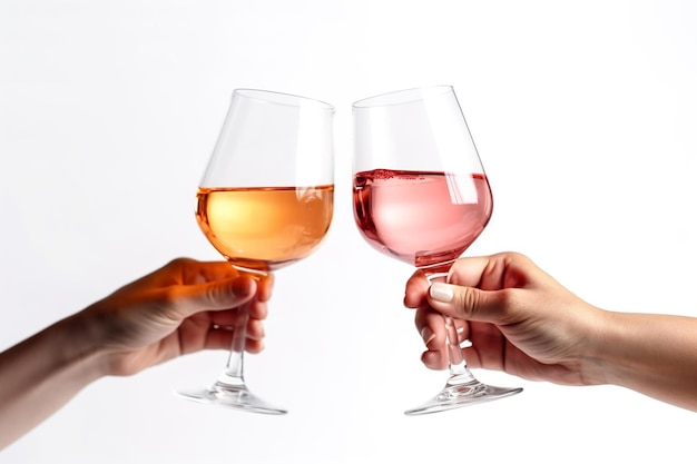 Photo close up of hands clinking glasses with rose and white wine on white background