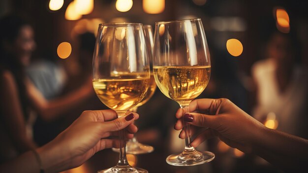 close up hands friends toasting white wine at dinner party in restaurant