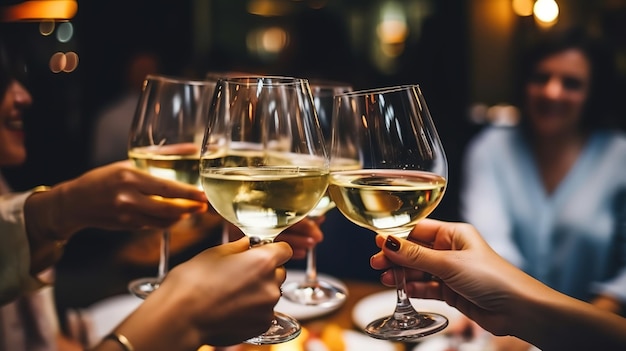 Close up hands friends toasting white wine at dinner party in restaurant
