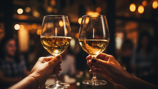 close up hands friends toasting white wine at dinner party in restaurant