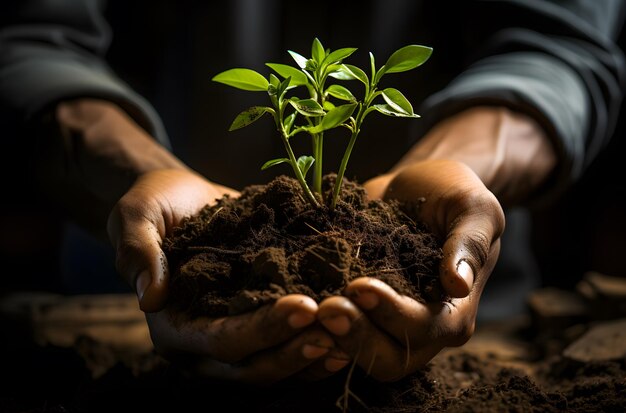 Close up of hands holding green seedling with soil on dark background