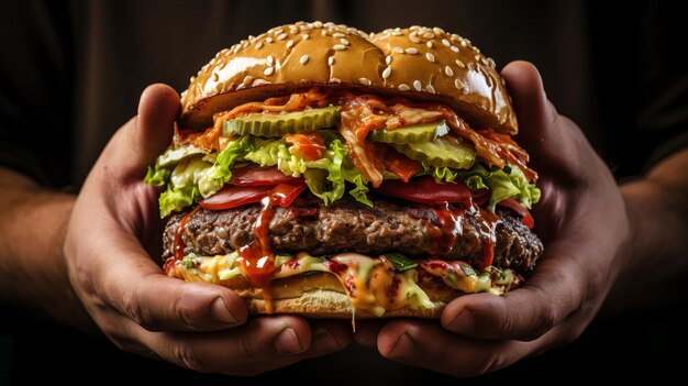 Close up of hands holding a mouthwatering and appetizing burger ready to take a bite