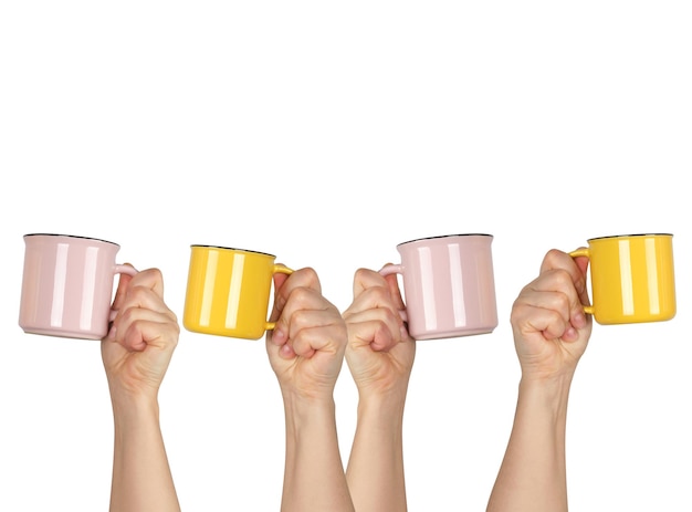 Close-up of hands holding mugs against white background