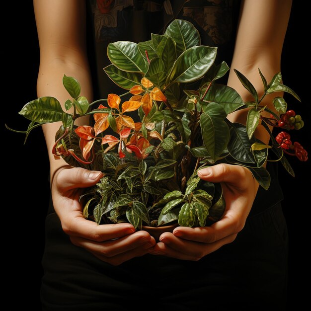 Photo close up hands holding plants