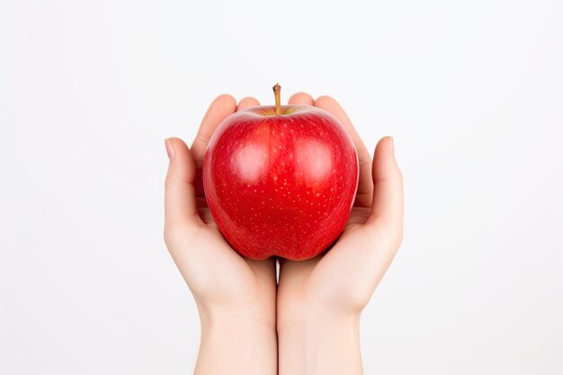 Close up of hands holding a red apple isolated on white background