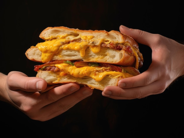Close Up Hands Holding Sandwich met Cheese Melt Generatieve AI