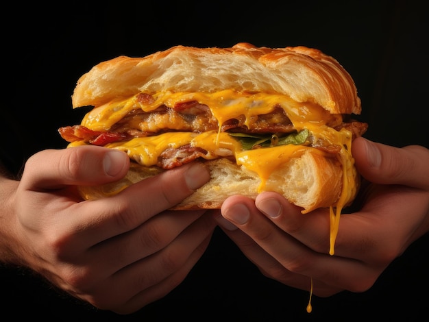 Close Up Hands Holding Sandwich With Cheese Melt Generative AI