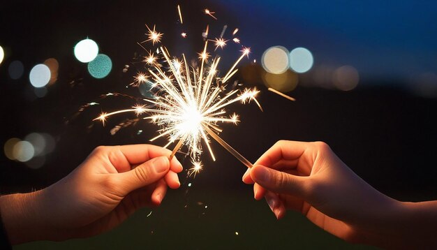 Close up of a hands holding some sparklers celebrating the new year