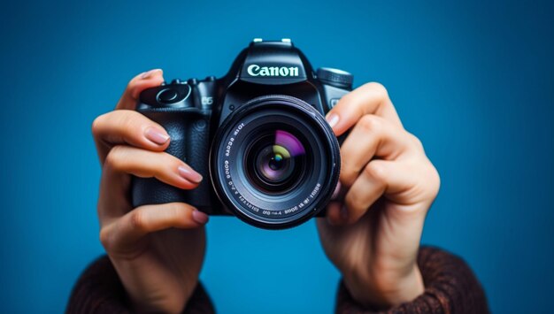 Close up of hands holding a vintage camera taking a photo of a beautiful scenery photo taken from behind