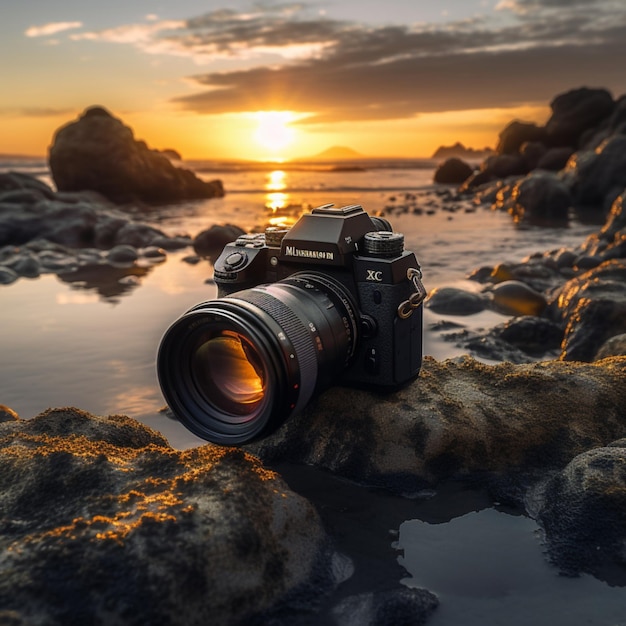 Close up of hands holding a vintage camera taking a photo of a beautiful scenery photo taken from behind