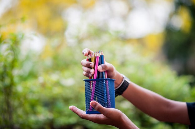 Photo close-up of hands holding wire mesh with multi colored pencils