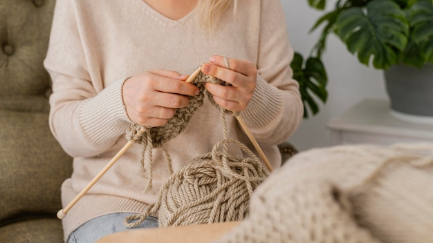 Close-up hands knitting